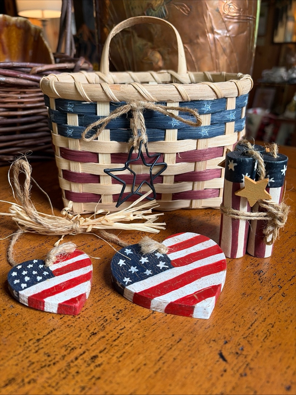Patriotic Wicker Basket and Wood Decor ⭐️ Stars & Stripes Forever!